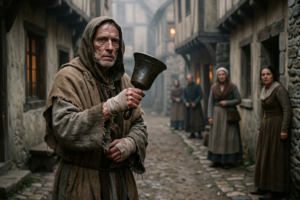 Medieval town crier holding a brass bell in a foggy village alley